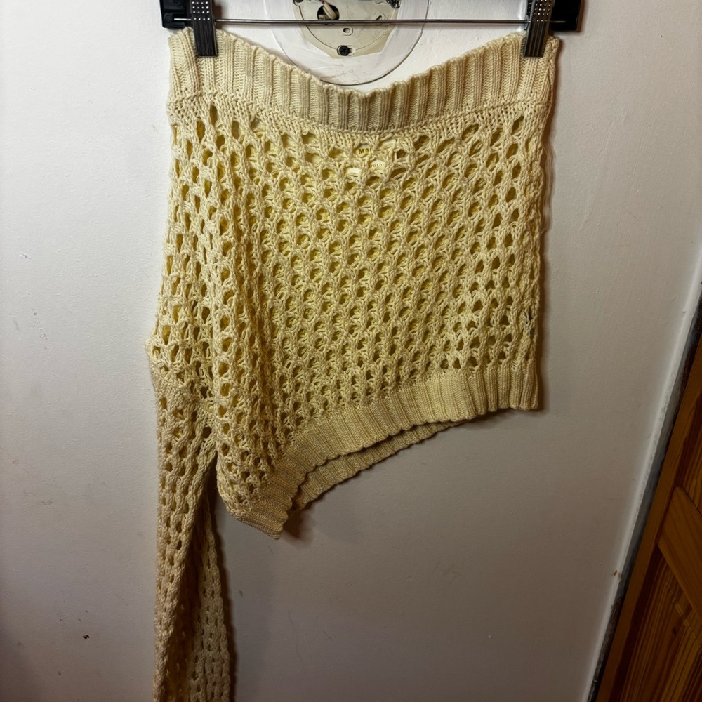 Anthropologie Maeve One-Shoulder Open Knit Crochet Sweater in Ivory
